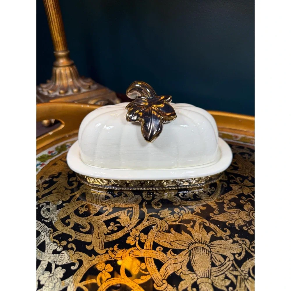 Vintage Pumpkin Butter Dish - Covered Dish with Ivory‎ & Metallic Glaze